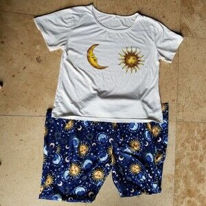 Celestial Sleep Set. White short sleeve top & blue sleep pants